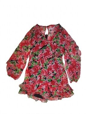 Chickways Floral‎ Red Green Chiffon Ruffle Romper Small Boho Garden Party